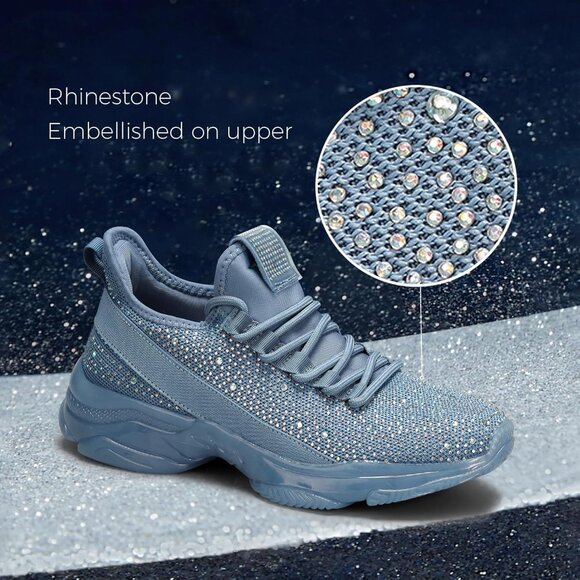 Women's Blue Rhinestone Mesh Slip On Walking Breathable Glitter Sneaker Shoes - Picture 4 of 9